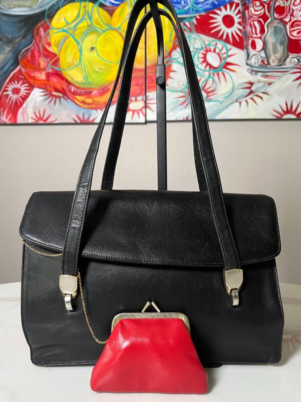Koret Vintage Black Leather Shoulder Bag Satchel with Coin Purse